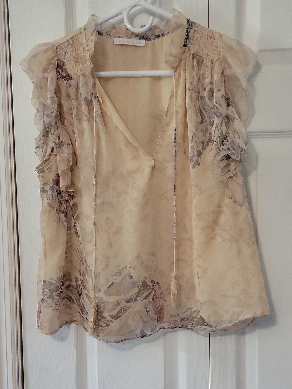 Karlie Sheer Cream Tie-Front Ruffle Sleeve Blouse